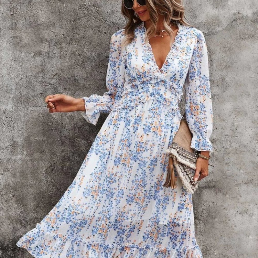 white blue Shabby Chic Cottagecore Floral Ditsy Ruffle Hem Dress - Picture 4 of 6